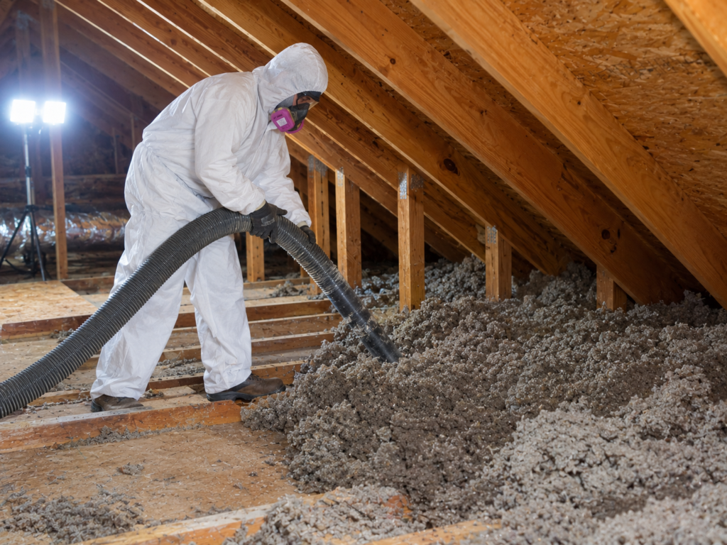 Technician removing old attic insulation in an Odessa, TX home