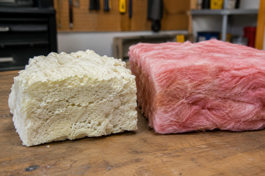 Spray foam and fiberglass insulation samples compared side by side